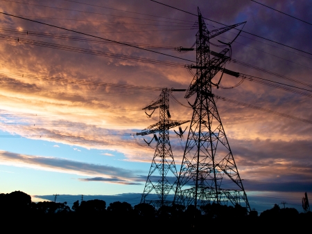 twin electrical towers at sunset in melbourneの写真素材