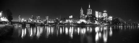 black and white panorama of melbourne on a clear nightの写真素材