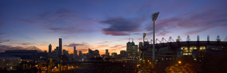 melbourne and the sporting district with sunset and train linesの写真素材