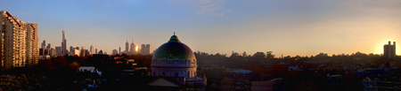 sunny morning in melbourne with a synagogue in the foregroundの写真素材