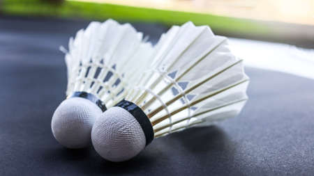 Badminton shuttercocks on raquettes are on dark backgroundの写真素材