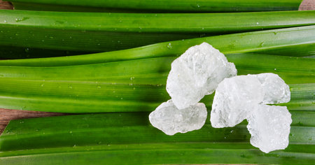 Crystal clear alum cubes or Potassium alum on green leaf. Chemical compound substance. Concept for...