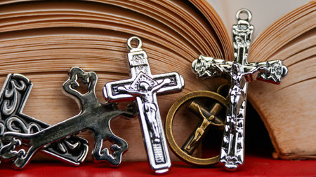 Crosses, bible on a red background. Christian symbols.の写真素材