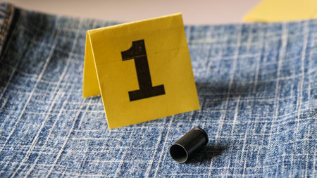 Pistol bullet shells on blur blue jeans and number one display in background, concept for criminal...