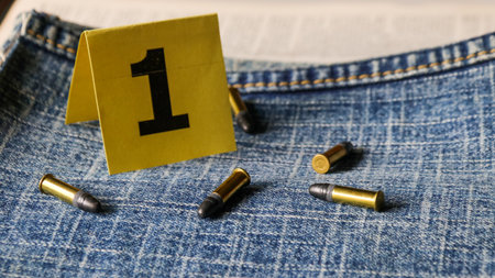 Pistol bullet shells on blur blue jeans and number one display in background, concept for criminal and investigation. soft focusの写真素材