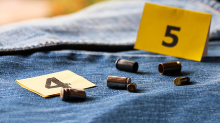 Pistol bullet shells on blur blue jeans and number displays in background, concept for criminal and investigation. soft focusの写真素材