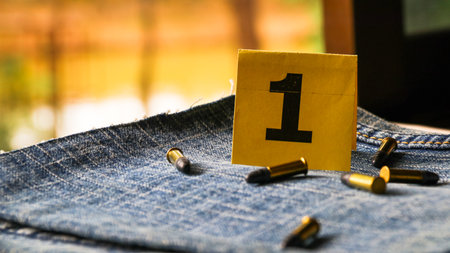 Pistol bullet shells on blur blue jeans and number one display in background, concept for criminal and investigation. soft focusの写真素材
