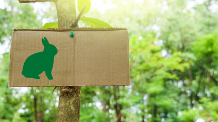 Brown paper label with drawing of rabbit on tree trunk with blurred background in camping siteの写真素材