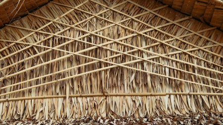 Close up view of brown texture of thatch gable backgroundの写真素材