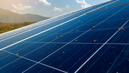 Photovoltaic panel installed for the long periods becomes dirty which caused by bird droppings, concept of utilizing technology to obtain power from the nature for human livesの写真素材