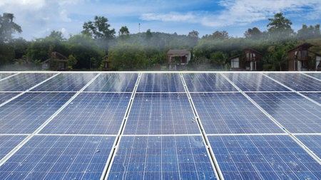 Photovoltaic panel were installed for the long periods became dirty which caused by bird droppings, concept of utilizing technology to obtain power from the nature for human livesの写真素材