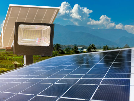 Small photovoltaic panels provide power to small area in local park, concept of sustainable power and saving environmentの写真素材