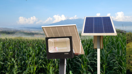 Photovoltaic panel and solar cell spot light on corn field in background concept for using solar cell spot light to secure the  agriculture areaの写真素材