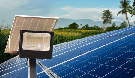 Dirty photovoltaic panel and solar cell spot light on corn field in background concept for using solar cell spot light to secure the  agriculture areaの写真素材