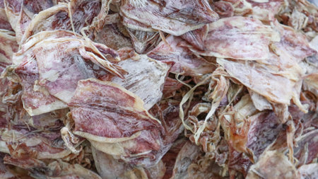 Dried squid in the market, Thailand. Close-up.の写真素材