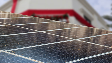 Dirty solar cell panels caused by bird droppings, concept of solar cell panel maintenance service, selective focusの写真素材