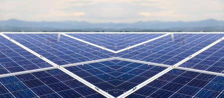 Blurred dirty solar cell panels caused by bird droppings, concept of solar cell panel maintenance service, selective focusの写真素材