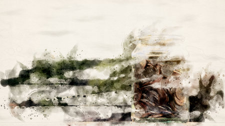 Artificial painting of coins in glass jar, concept of money savingsの写真素材