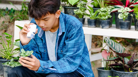 Young boy is using a white small microscope to inspect and to study plant in a tiny flowerpot in botanical garden, soft and selective focusの写真素材