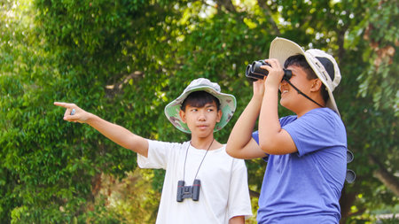 Young Asian boys are using a binocular to lookout for birds and animals in a local park, soft and selective focusの写真素材
