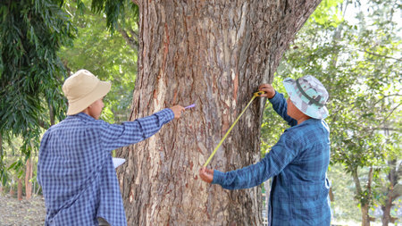 Young Asian boys are using a measure tape to measure a tree in a local park, soft and selective focusの写真素材