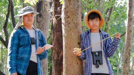 Young Asian boys are using a measure tape to measure a tree in a local park, soft and selective focusの写真素材
