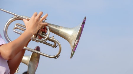 Music instrument is being played by hands with blur others music players in background soft and selective focusの写真素材