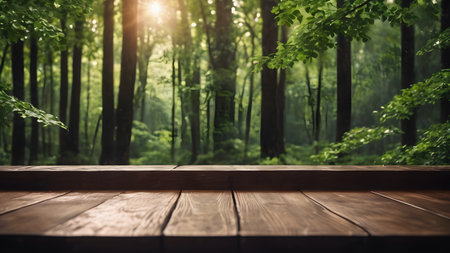 Old wooden planks table with copy space for adding text or products on green trees background AI generated imageの素材