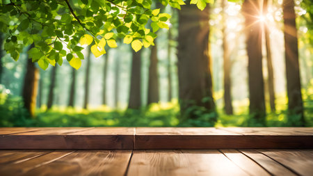 Old wooden planks table with copy space for adding text or products on green trees background AI generated imageの素材