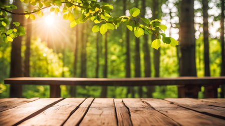 Old wooden planks table with copy space for adding text or products on green trees background AI generated imageの素材