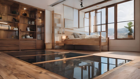 Living room decorated with luxury looks of couch and tables brown wooden floor glass walls with mountain view outside AI generated imageの素材