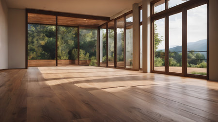 Living room decorated with luxury looks of couch and tables brown wooden floor glass walls with mountain view outside AI generated imageの素材