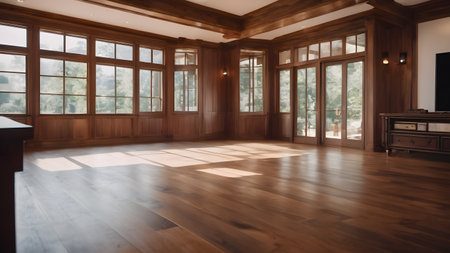 Living room decorated with luxury looks of couch and tables brown wooden floor glass walls with mountain view outside AI generated imageの素材
