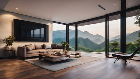 Living room decorated with luxury looks of couch and tables brown wooden floor glass walls with mountain view outside AI generated imageの素材