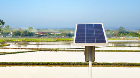 Paddy field irrigated with solar energy in rural area concept of renewable and sustainable energyの写真素材