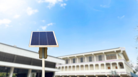Building and sport dorm irrigated with solar energy in rural area concept of renewable and sustainable energyの写真素材
