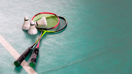 White badminton shuttlecocks and badminton rackets on green floor indoor badminton courtの写真素材