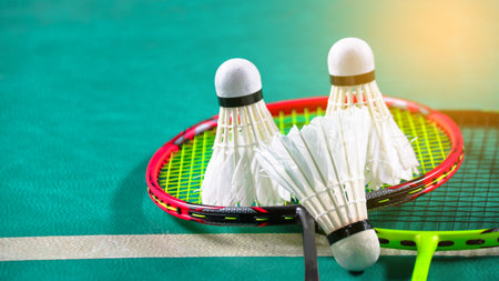 White badminton shuttlecocks and badminton rackets on green floor indoor badminton courtの写真素材