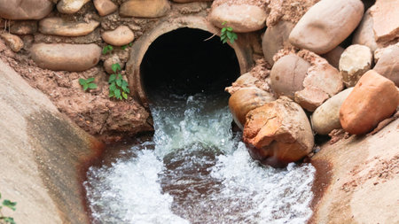 Water flowing out of concrete pipe in concrete canal surrounding with big rocksの写真素材