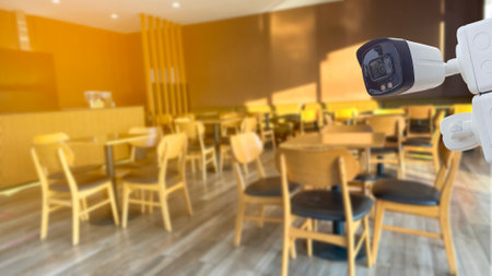 Security CCTV camera installed in coffee shop under the morning sun light soft and selective focusの写真素材