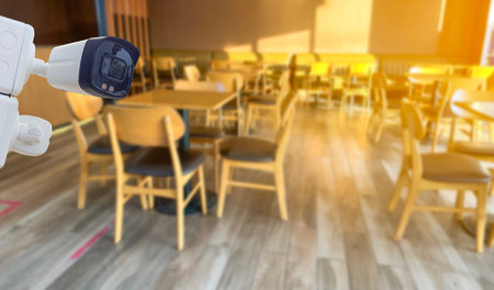 Coffee tables and chairs in the coffee shop under the morning sun light soft and selective focusの写真素材