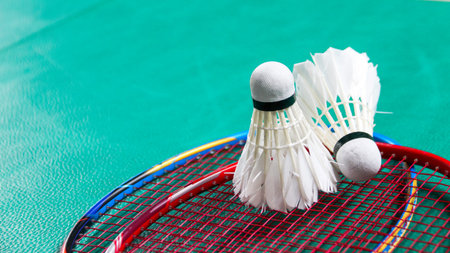 White badminton shuttlecocks and rackets on green floor in indoor badminton courtの写真素材