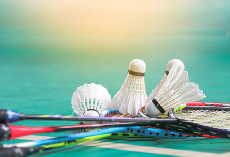 White badminton shuttlecocks and rackets on green floor in indoor badminton courtの写真素材
