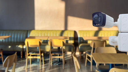 Security CCTV camera installed in coffee shop under the morning sun light soft and selective focusの写真素材