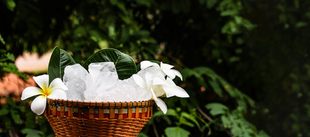 A basket filled with white alum crystals sits on a vibrant green shrub background. The contrasting colors highlight the purity of the alum against the lush greenery, creating fresh feeling.の写真素材