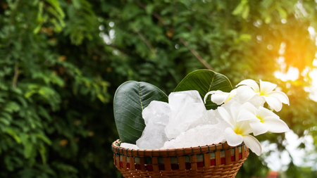 A basket filled with white alum crystals sits on a vibrant green shrub background. The contrasting colors highlight the purity of the alum against the lush greenery, creating fresh feeling.の写真素材