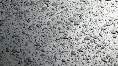 This image captures raindrops on a dark surface, highlighting their glistening clarity and natural beauty. The droplets and the dark background emphasizes refreshing essence of rain.の写真素材