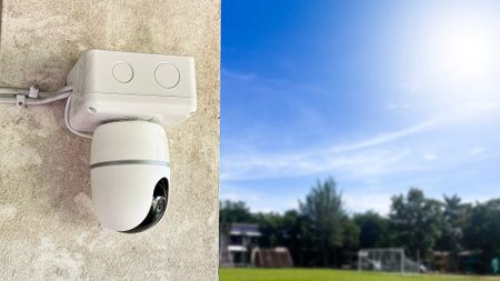 A CCTV camera is set against a blurred background with a vibrant blue sky. The camera's presence signifies security and surveillance, while the clear sky adds a contrasting sense of openness.の写真素材