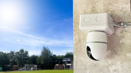 A CCTV camera is set against a blurred background with a vibrant blue sky. The camera's presence signifies security and surveillance, while the clear sky adds a contrasting sense of openness.の写真素材
