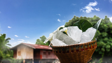 A basket filled with white alum crystals sits on a vibrant green shrub background. The contrasting colors highlight the purity of the alum against the lush greenery, creating fresh feeling.の写真素材